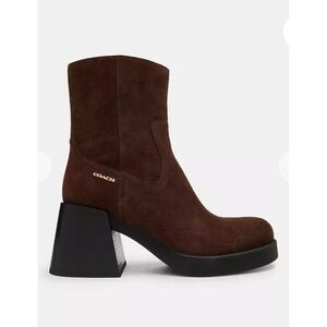 Coach Leah Platform Bootie Women 9 Brown New Suede Block Heel Ankle Boot